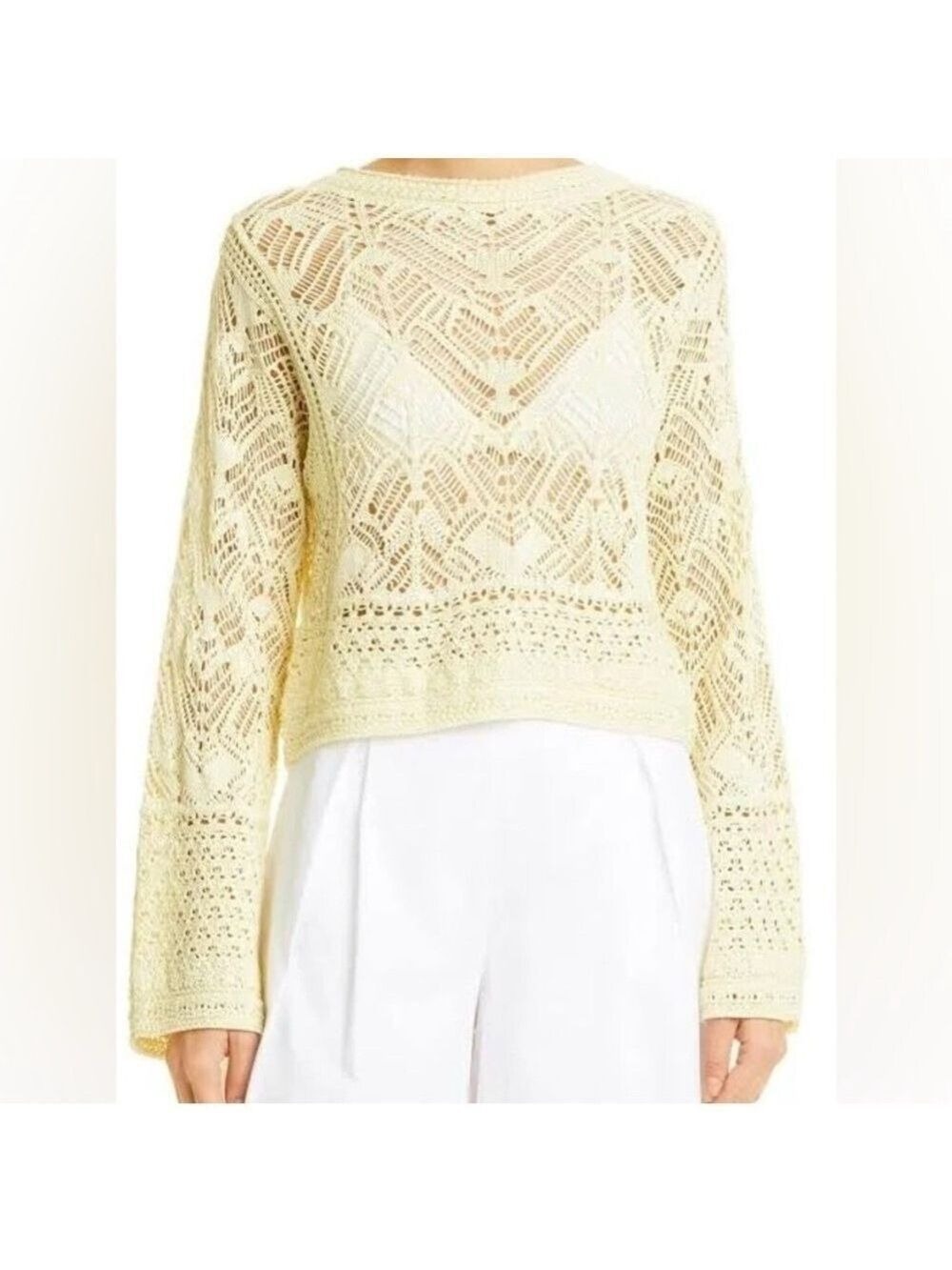NWT. VINCE Lace Patchwork Pullover Organic Cotton Sweater in Pale Yellow size L - Picture 2 of 11